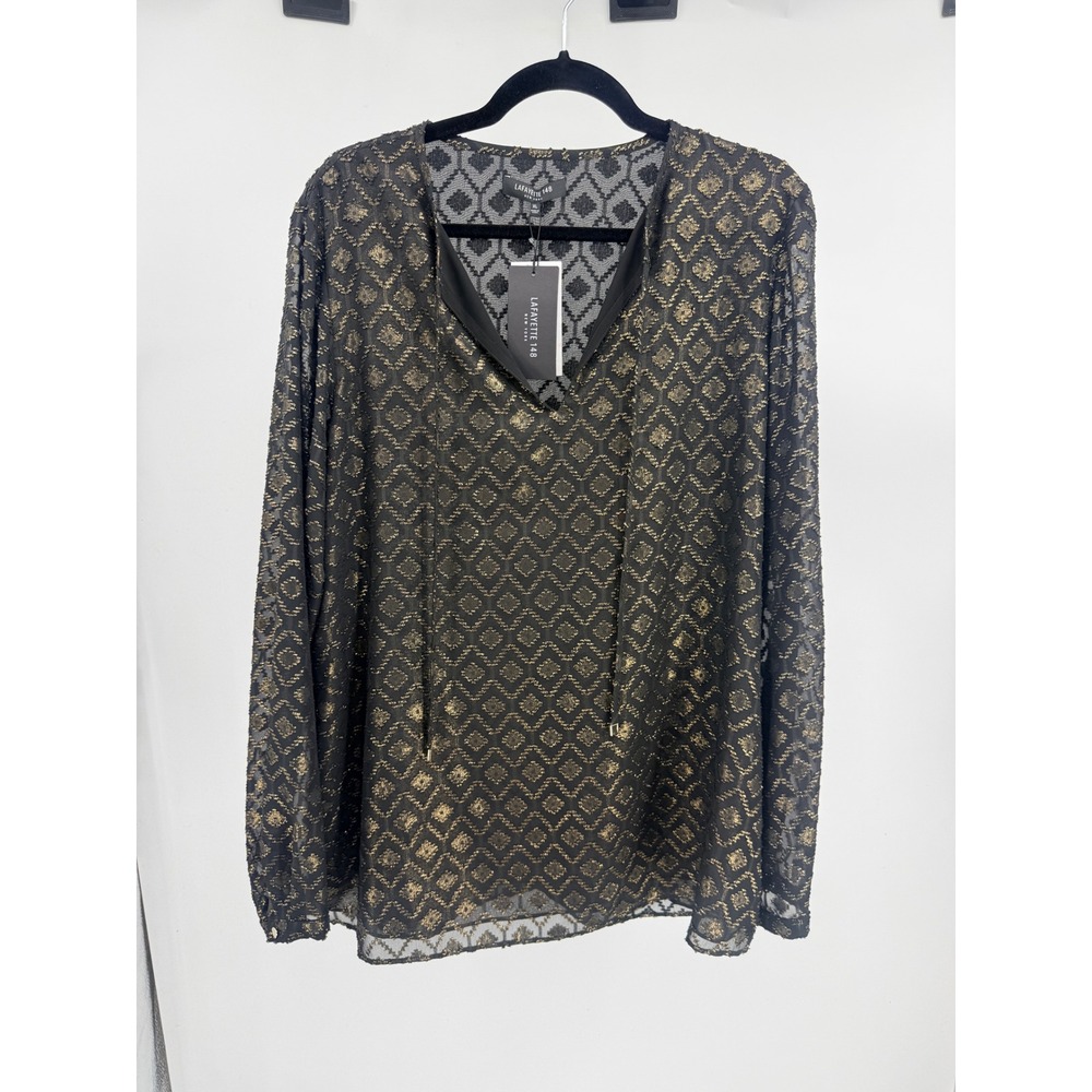 Lafayette 148 New York Black Gold Metallic Diamond Jacquard Blouse XL Fancy Top